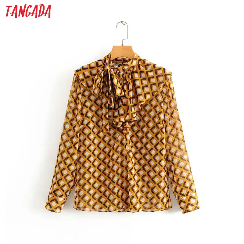 Tangada женская желтая блузка с геометрическим принтом плиссированная с бантом на шее с длинным рукавом шикарная винтажная рубашка blusas femininas 3A70