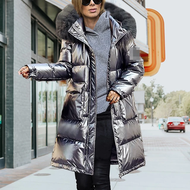 Fashion Glossy Silver Warm Outwear X-Long Down Cotton Padded Coat Female  Oversize Thick Winter Puffer Jacket Hooded Women Parka - AliExpress