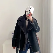 2021 Winter Women New Jacket Faux Leather Fur Splicing Leather Coat Moto Bike Thickness Overcoat Snow Warm Outwear with Belt