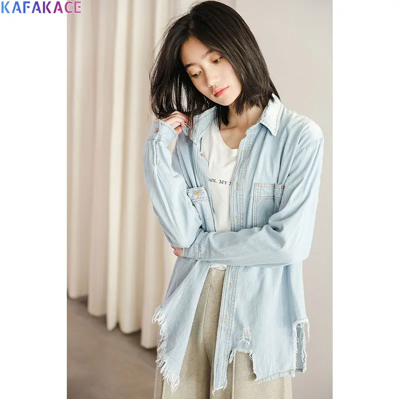 

KAFAKACE 2020 Women Denim Blouse Autumn Blue Solid Ladies Tops Ripped Korean Style Design Casual Long Sleeve Loose New Shirts