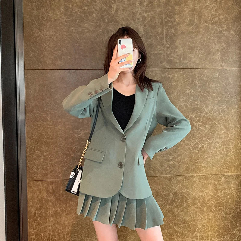 TVVOVVINSolid Color Single-breasted Belt Long-sleeved Blazer Pleated Skirt Woman Suit Casual Fashion Autumn New F134