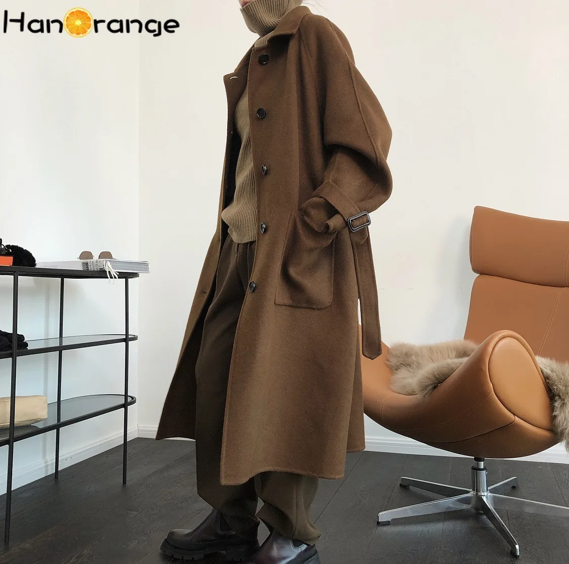 

Winter Fashionable Silhouette Double Faced Wool Coat Loose Versatile X-long Over The Knee Woolen Overcoat for Women