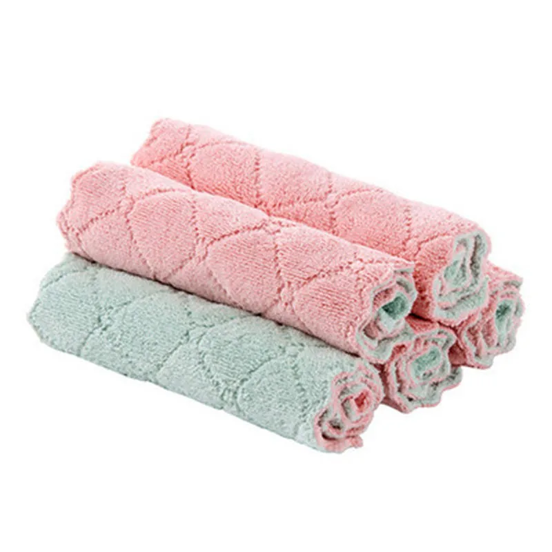 Коралловая флисовая двухсторонняя впитывающая тряпка для мытья посуды, утолщенное безмасляное полотенце без ворса, Кухонное чистящее полотенце s - Цвет: pink green