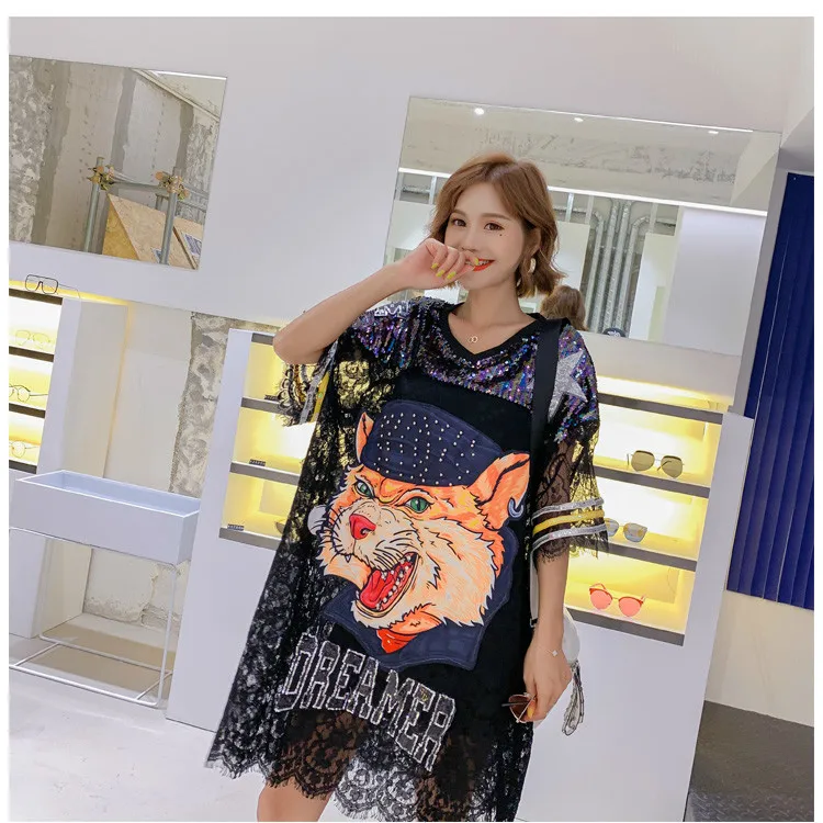 BONJEAN Платье с рисунком головы тигра и блестками Robe Femme с коротким рукавом женская черная рубашка Платье кружевное пэчворк BJ1508