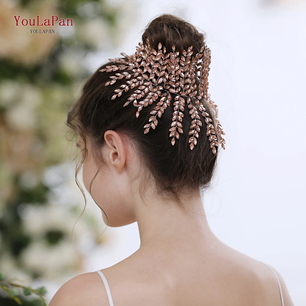 

YouLaPan Pink Rhinestone Bridal Hair Tiara Bridal Crown Large Bridal Crown and Tiara Handmade Bridal Headband HP238-P