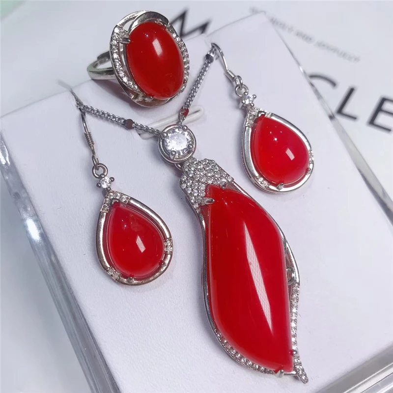 Jadery 925 пробы Серебряное ожерелье/серьги/кольцо натуральный красный нефрит ювелирные наборы для женщин вечерние ювелирные изделия подарки bijoux femme