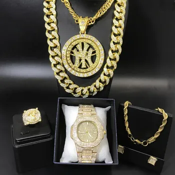 

Luxury Men Watch Men Hip Hop Necklace & Watch & Braclete & Ring & Earrings Combo Set Ice Out Cuban Jewerly Hip Hop For Men