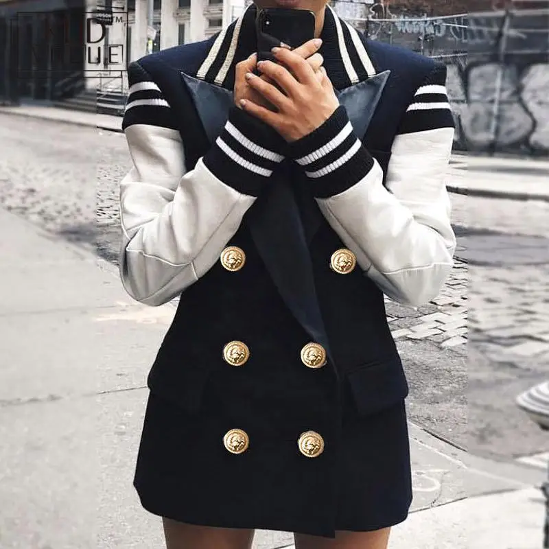 

Fashion 2019 Designer Blazer Jacket Women Leather Patchwork Double Breasted Blazer Jacket High Quality Women Blazers 7479