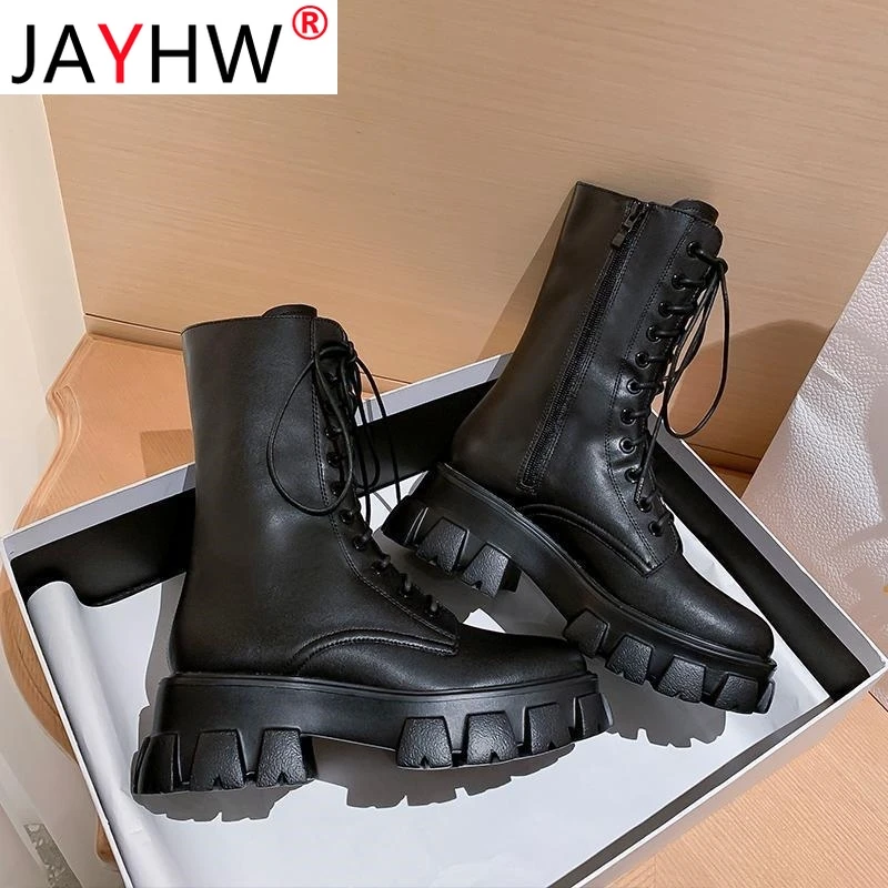 JAYHW Martin Boots Women Shoes Autumn Artificial Leather Round Toe Cross Lace-up Mid-calf Goth Boots Platform Botas Woman Mujer
