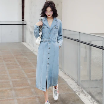 

Women Spring Lapel Button Down Long Sleeve Denim Shirt Dress For Women Casual Blet Pocket Long Denim Dress Split Slim Jean Dress