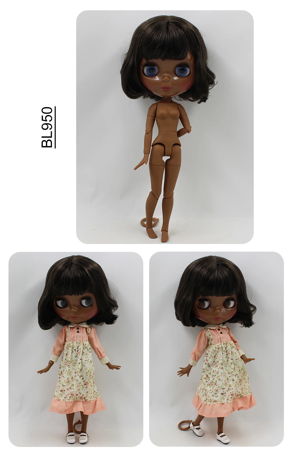 Neo Blythe Bambola con capelli castani, pelle nera, viso carino e lucente e Custom Corpo articolato 1