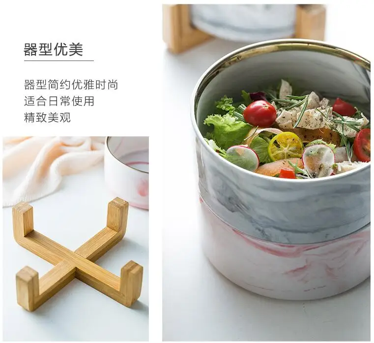 Мраморная керамическая Салатница Phnom Penh в скандинавском стиле, фруктовая салатная миска для десерта, миска для супа большой вместимости, деревянная подставка, 1 шт