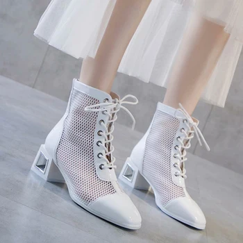 

Summer fashion lace breathable mesh cut-out square heel sandals