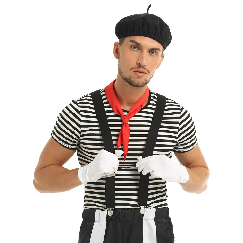 Мужской взрослый французский МИМ артист цирк Хэллоуин косплей костюм наряд черно-белая полосатая футболка и берет с шарфом перчатки на подтяжках