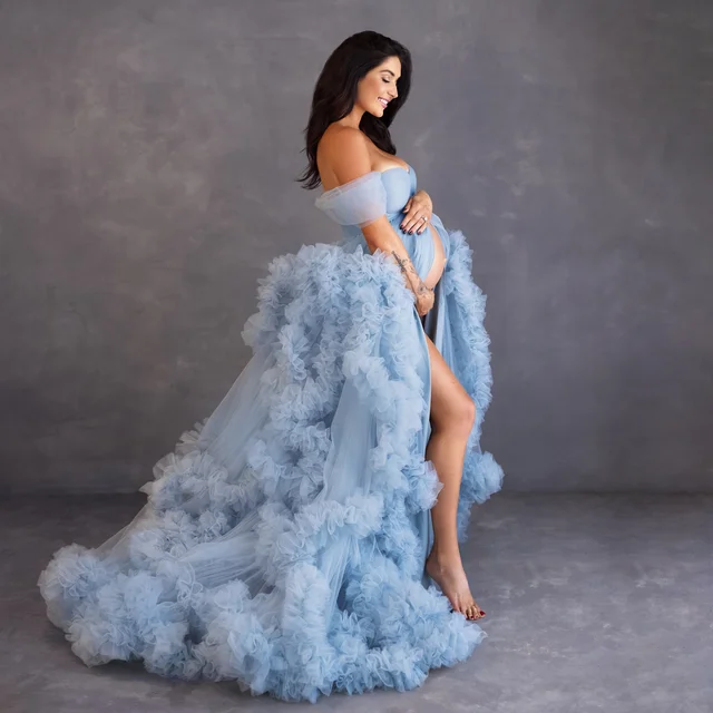 Light Sky Blue Prom Dresses for Pregnant Women Tiered Ruffles Evening Dress Front Split Photoshoot Maternity Gowns Blue