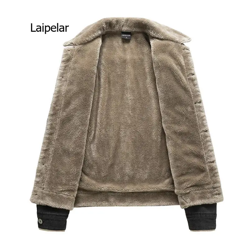 Thick Velvet Denim Jacket Men Casual Cotton Lapel Jacket with Fur Collar Warm Winter Coats