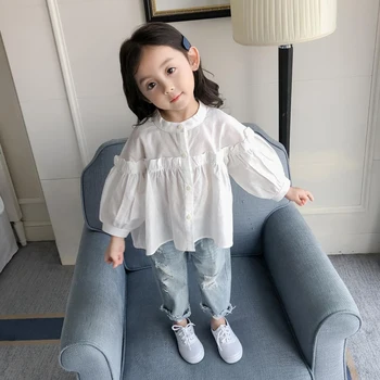 

Spring Autumn Casual Girls Blouses Mandarin Collar Loose Baby Kids Shirts Lantern Sleeve Ruffle Children Tops Shirts 12M-6T