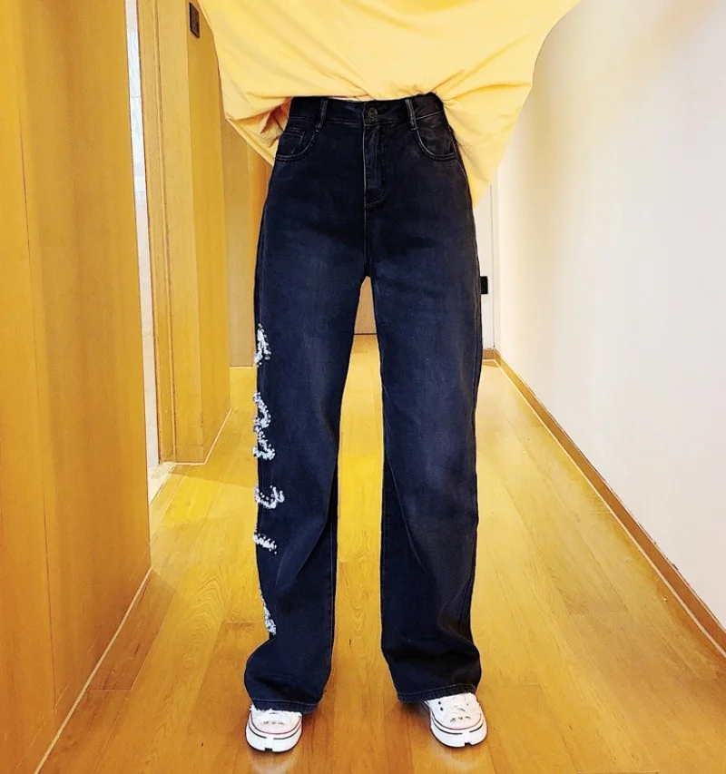 直売在庫 レディースストレートジーンズ ヒップホップスタイル ルーズフィット スパンコール ストリートウェア ヴィンテージ ブラック ワイドレッグ 公認ストア Ongoing Southloopmarket Com
