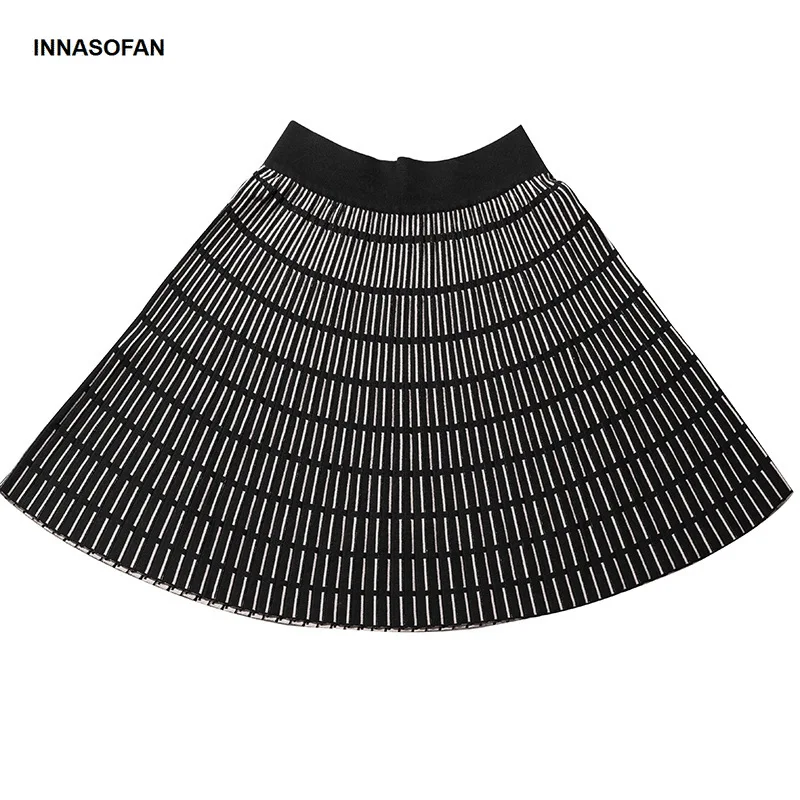 INNASOFAN трикотажная Мини-юбка Женская осенне-зимняя плиссированная юбка с высокой талией модная Высококачественная шикарная юбка с полосками