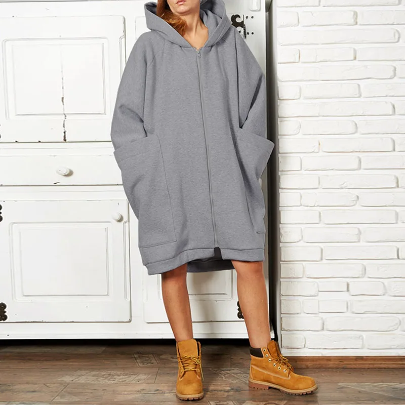 Light Grey ZANZEA, Женская толстовка, повседневная, одноцветная, толстовки,, зима, длинный рукав, пальто, куртки, большие карманы, кофты на молнии, верхняя одежда - Цвет: Light Grey