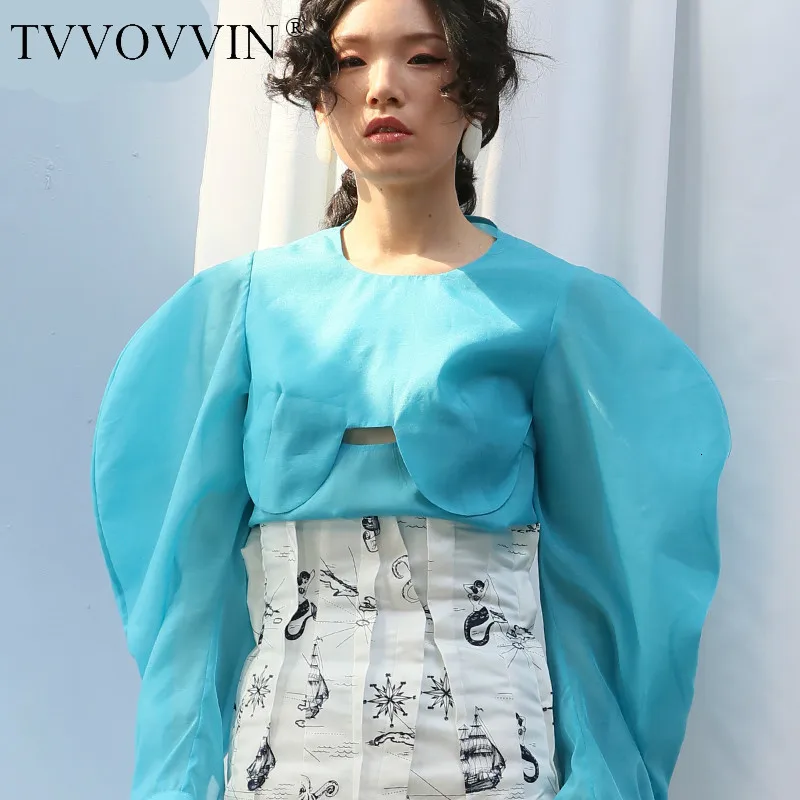 Tvvovwin Новая Летняя женская одежда модные круглые рукава-фонарики из органзы с круглым вырезом сексуальный женский топ V043