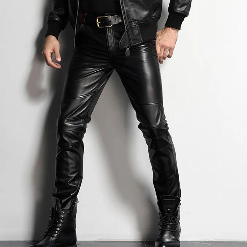 Italy Mens Genuine Leather Skinny Plus Size Motorcycle Biker Slim Fit Male Toursers Rock 100% Real Cowhide Pencil Pants