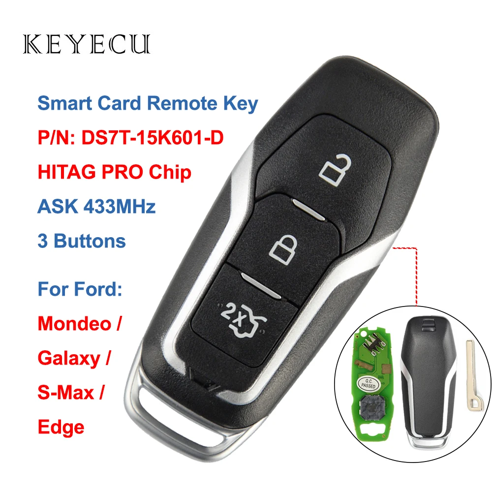 Keyecu смарт-карта дистанционного ключа автомобиля 3 кнопки 433 МГц HITAG PRO чип для Ford Mondeo Edge S-Max Galaxy-, DS7T-15K601-D