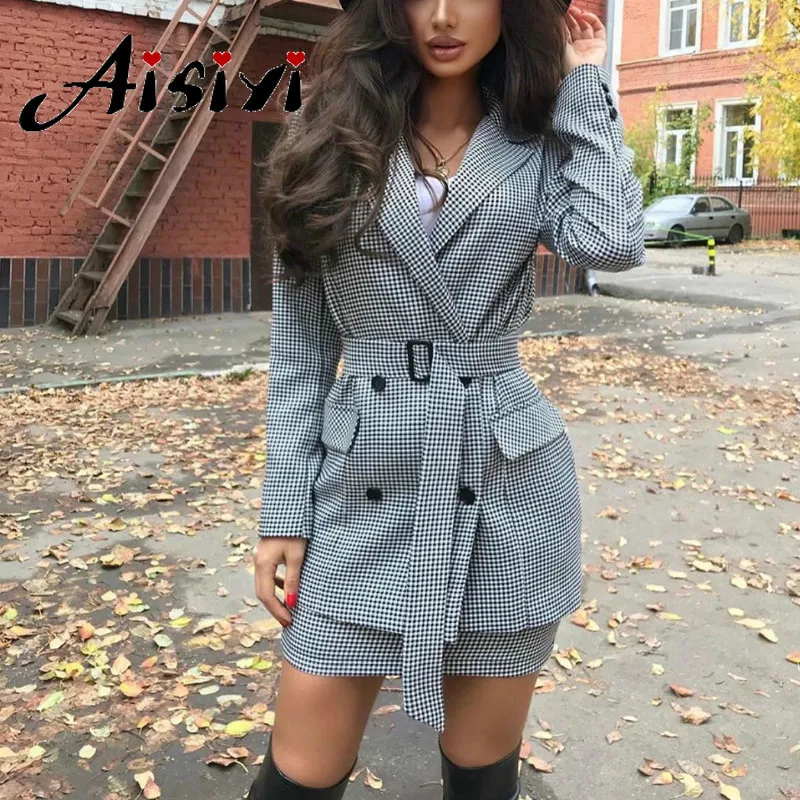 Aisiyi, двубортные блейзеры, Женские куртки в ломаную клетку, для женщин, офисные, элегантные, с длинным рукавом, костюмы, пальто для женщин