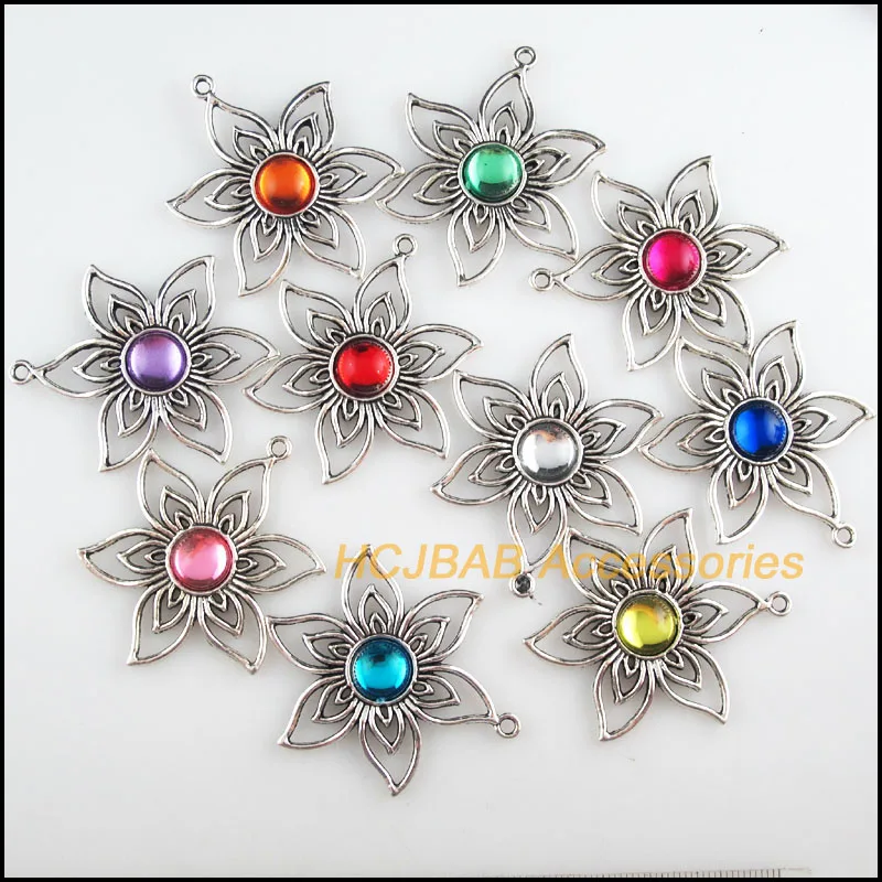 

10Pcs Tibetan Silver Tone SunFlower Mixed Acrylic Round Charms Connectors 37.5x47mm