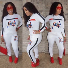 

Fashion Side Striped Patchwork Women's Set Two Piece Sweat Suits Outfit Pink Embroidery Sweatshirt Jogger Pants Suit Tracksuit