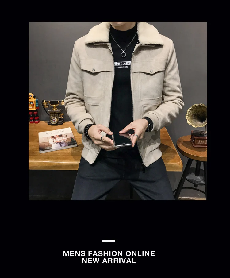 Г. nueva chaqueta de cuero de ante forrada de algodón para invierno con capucha cuello de abrigos de piel sinttetica Hombre Abr