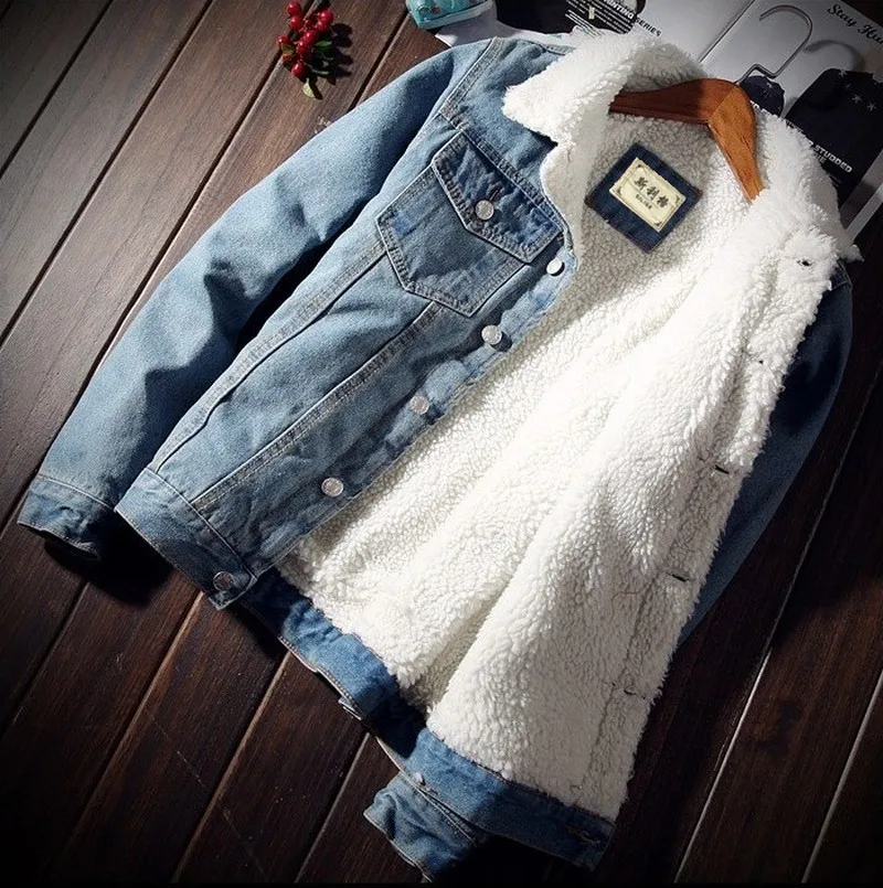 

Men Jacket and Coat Trendy Warm Fleece Thick Denim Jacket 2019 Winter Fashion Mens Jean Jacket Outwear Male Cowboy Plus Size 6XL