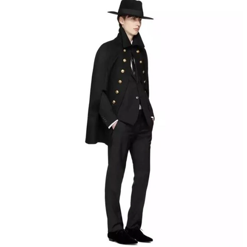 Large sleeveless black coat men's medium-length tweed Shawl Cape Woolen coat cloak bat shirt double-breasted Large sleeveless black coat men's medium-length tweed Shawl Cape Woolen coat cloak bat shirt double-breasted