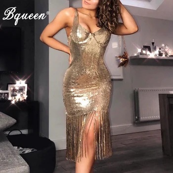 

Bqueen 2019 New New Women Dress Sexy Sequined Tassel Backless Strapless Mini Asymmetric Dress Lady Party Club Dress