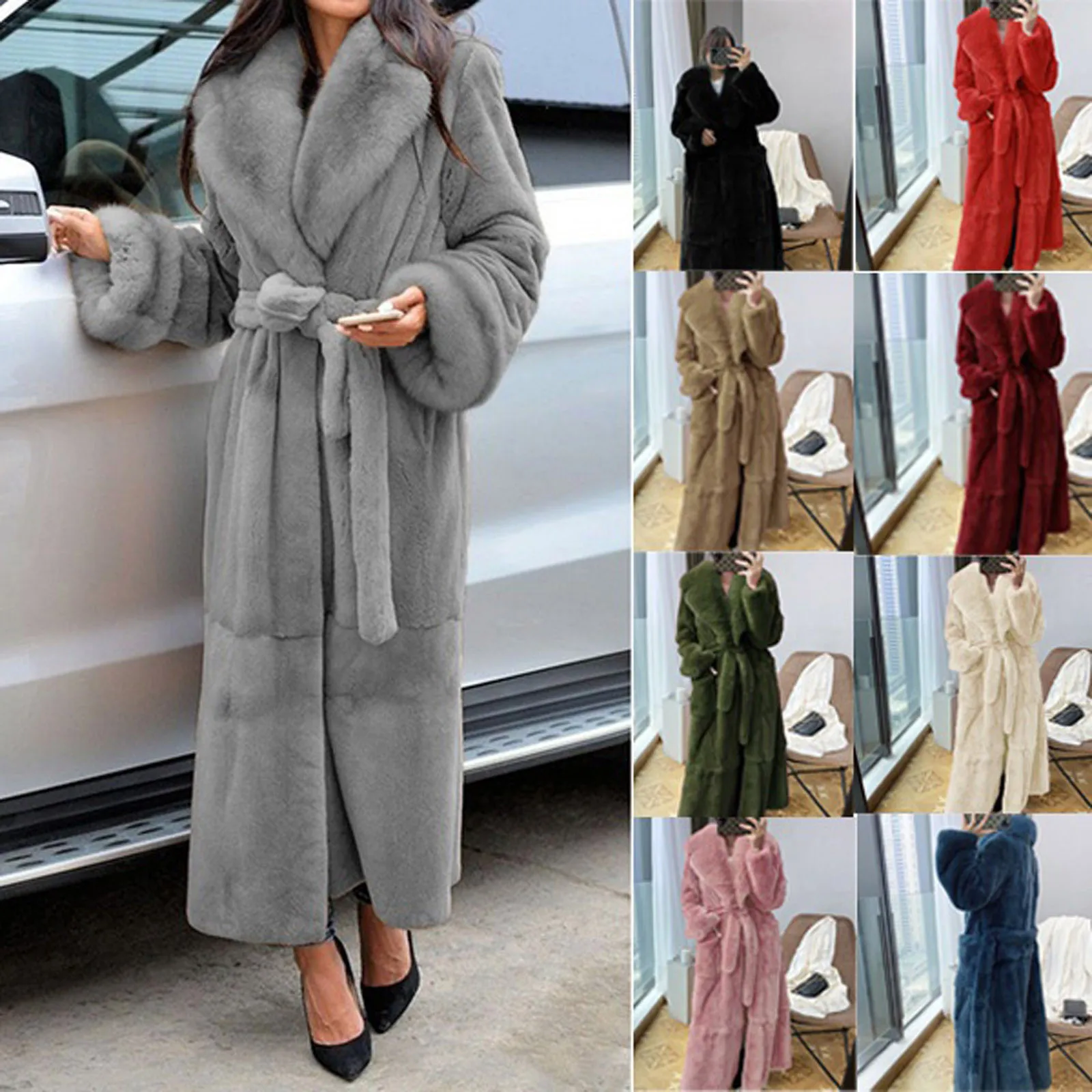 Abrigo de imitación de manga larga para mujer, abrigo de talla grande, de lujo, colores sólidos, elegante, cálido, largo, # g3