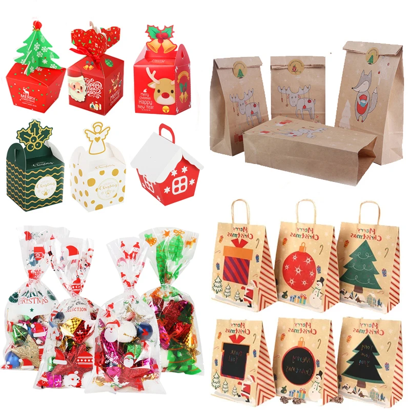 Merry Christmas Bags Candy Box Kraft paper gift Xmas Tree Plastic Packing Bag New Year 2021 Kids Favors Noel Decor | Дом и сад