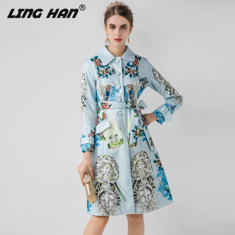 LINGHAN, модное дизайнерское женское уличное пальто, элегантная осенняя куртка с цветочным принтом и длинными рукавами, Женское пальто, одежда, новинка