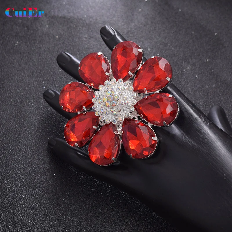 Good quality 7.2cm Adjustable Flower Rings for Women bright red Rhinestones crystal wedding jewelry Christmas gifts