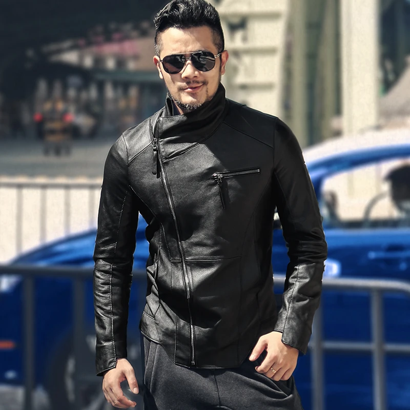 

British Style Pocket Zipper Outerwear High Quality Genuine Leather Lapel Collar Jacket Mens Luxury Slim Fit Short Sheepskin Coat