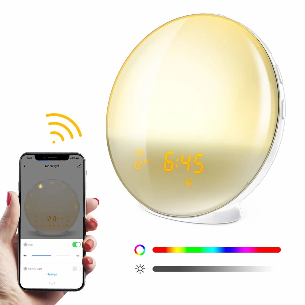 

Wake Up Light Alarm Clock, digital snooze nature night light clock Compatible with Alexa Google Home, FM Radio, USB Charge Port