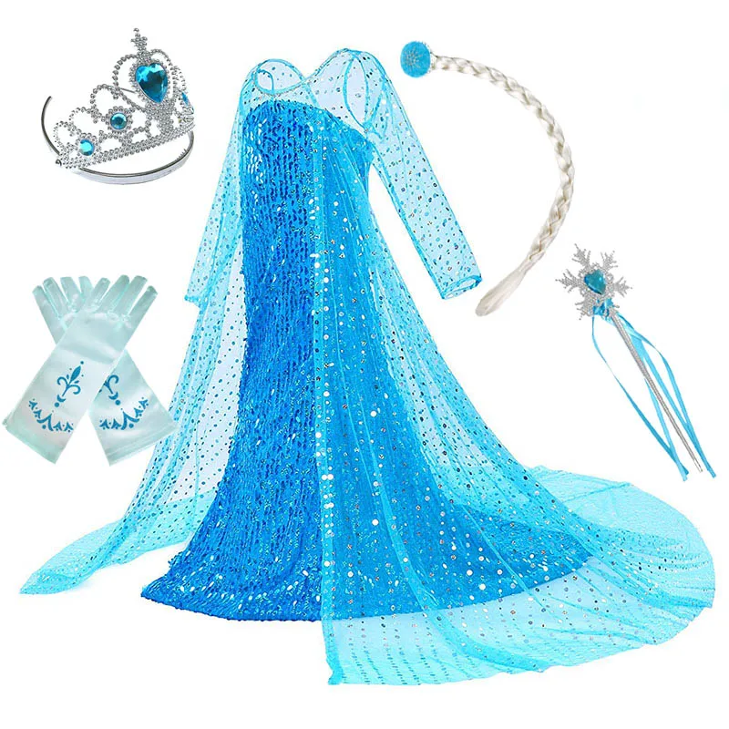 Платья принцессы Эльзы для девочек; детская одежда на Хэллоуин; карнавальный костюм Снежной Королевы; одежда Эльзы; Детские нарядные вечерние платья синего цвета - Цвет: Elsa A and Set1