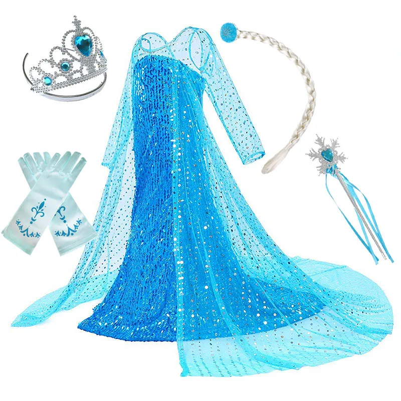 Elsa A and Set1 Платья принцессы Эльзы для девочек; детская одежда на Хэллоуин; карнавальный костюм Снежной Королевы; одежда Эльзы; Детские нарядные вечерние платья синего цвета - Цвет: Elsa A and Set1
