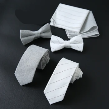 

Sitonjwly Mens Bowties+Neckties+Pocket Square Set for Man Business Striped Cotton Neck Tie Handkerchief Set Custom LOGO