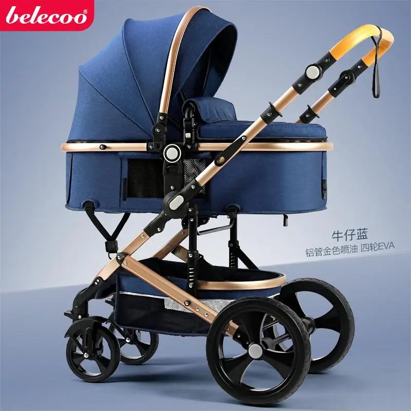 Belecoo/прогулочная коляска с высоким пейзажем, детская коляска 2 в 1, двусторонняя коляска для путешествий, алюминиевая рама, стандарт ЕС, автомобиль, 10 шт., подарки - Цвет: jean blue 3