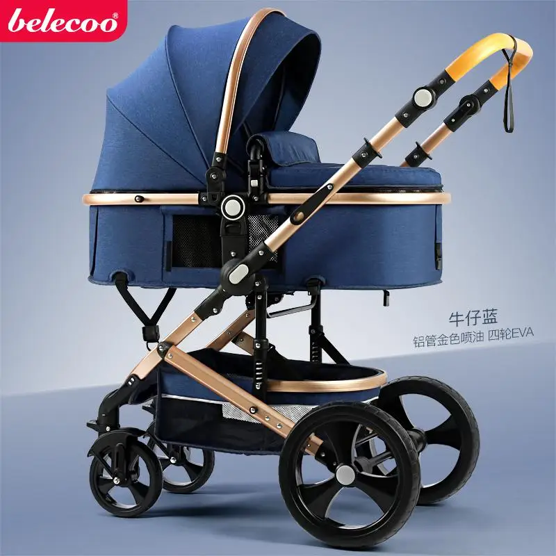 jean blue 3 Belecoo/прогулочная коляска с высоким пейзажем, детская коляска 2 в 1, двусторонняя коляска для путешествий, алюминиевая рама, стандарт ЕС, автомобиль, 10 шт., подарки - Цвет: jean blue 3
