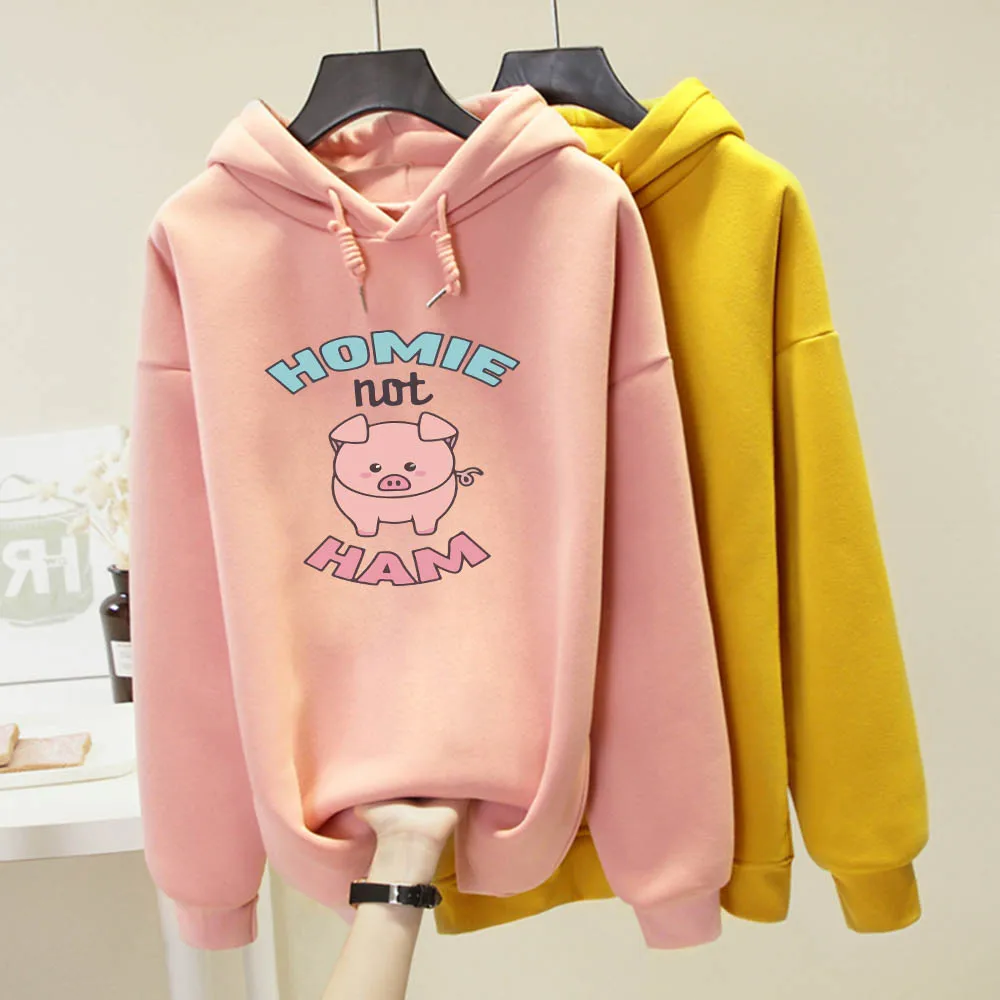 

Women Fleece Hoodies Sweatshirts Autumn Harajuku Pullover Lovely Pig Print Kawaii Loose Unisex Pullovers Warm Hooded Jacket Coat