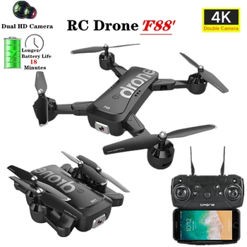 

RC Drone 4K HD Wide Angle Dual Camera Fixed Hight Hold Follow Me Foldable Arm RC Quadcopter Fly 18 mins Helicopter F88 Toy Gift