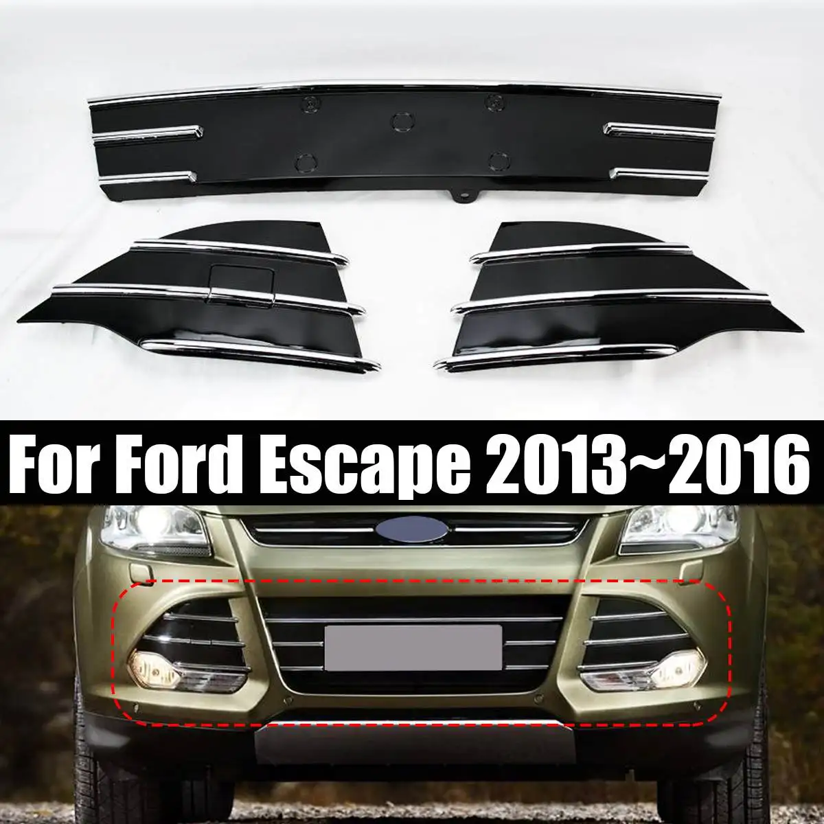 

NEW 3 Pcs/Set Electroplate Chromed Front Bumper Lower Grille Grill Fog Covers Kits for Ford Escape 2013~2016