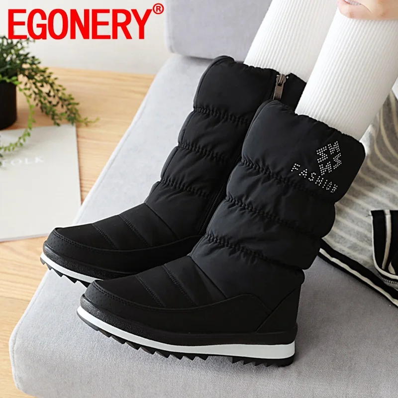 

EGONERY warm snow boots fashion winter sequin zipper round toe wihte flat platform women's shoes mid-calf boots 36-41size
