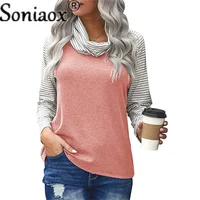 2021 Autumn New Fashion Womens Striped High Neck Color Blocking Long Sleeve T-Shirt Top Casual Loose Plus Size Women Clothing
